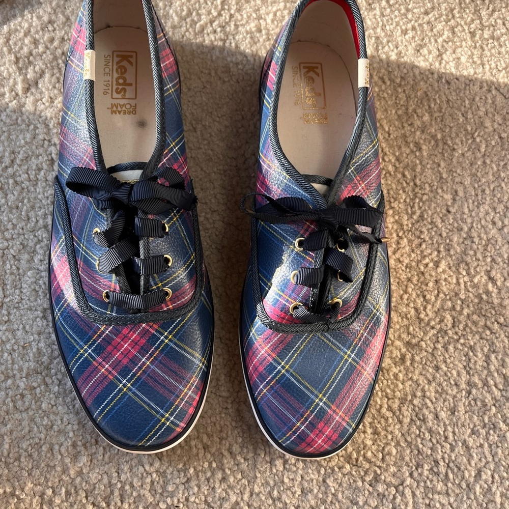 Keds vinyl sneakers. Never worn ! size 10 Blue and pink plaid, ribbon laces.